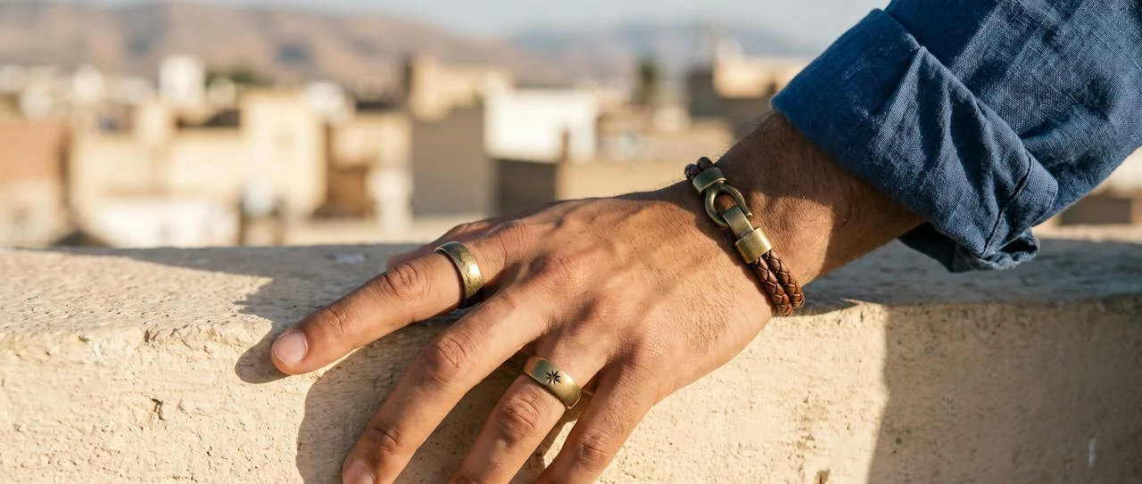 Main posée sur un muret, deux bagues en laiton et un bracelet de cuir tressé
