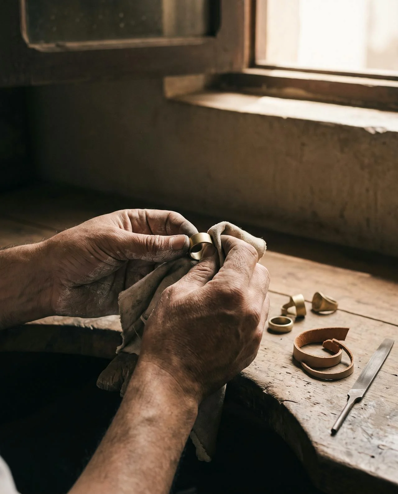 Mains d’artisan qui polissent une bague en laiton sur un établi