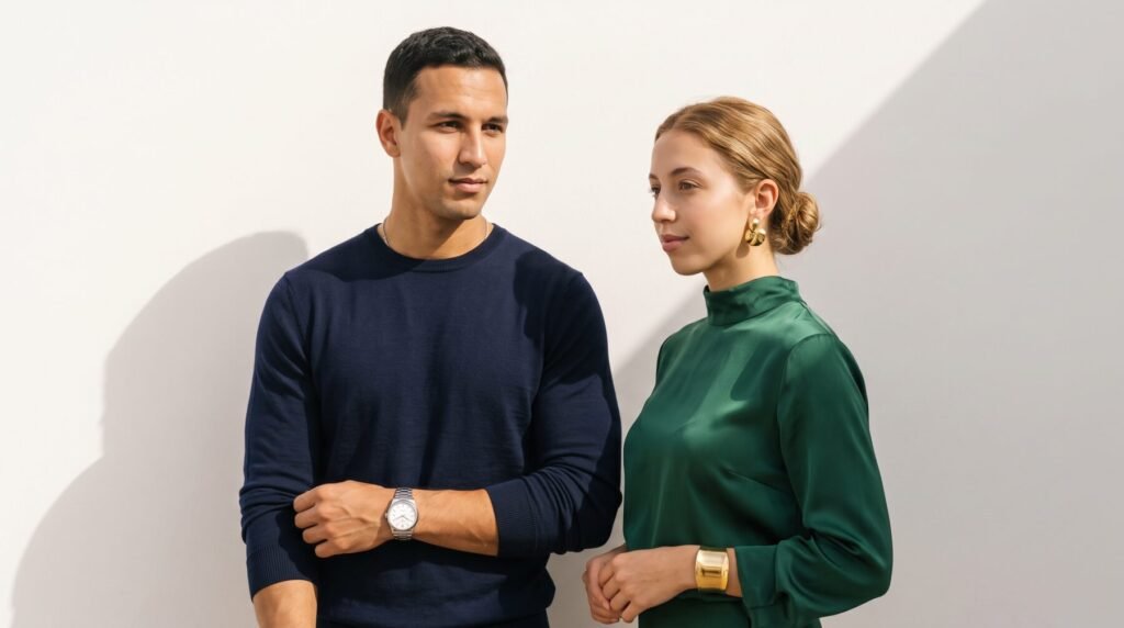 Hassan en pull marine avec montre acier, Siham en chemisier vert émeraude avec boucles et manchette dorées, devant un mur blanc Art déco