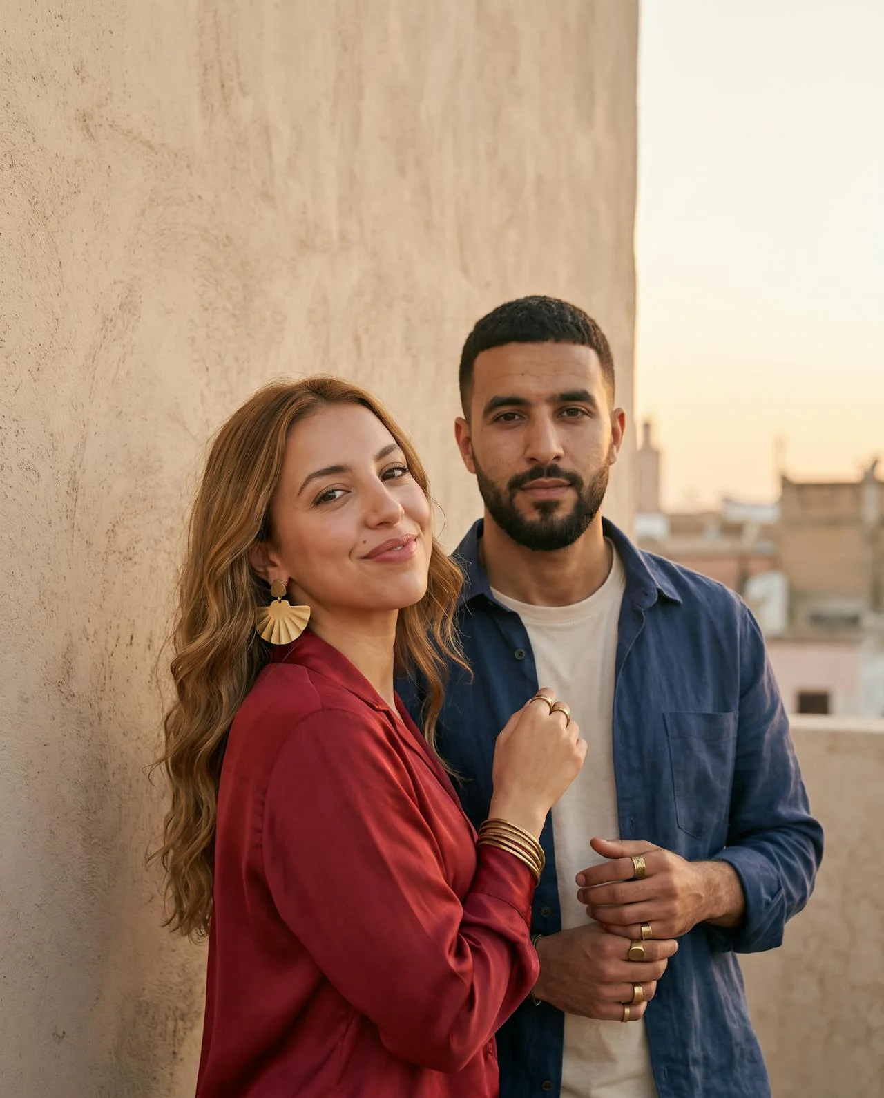 Un homme et une femme posent devant un mur de Casablanca, accessoires en laiton