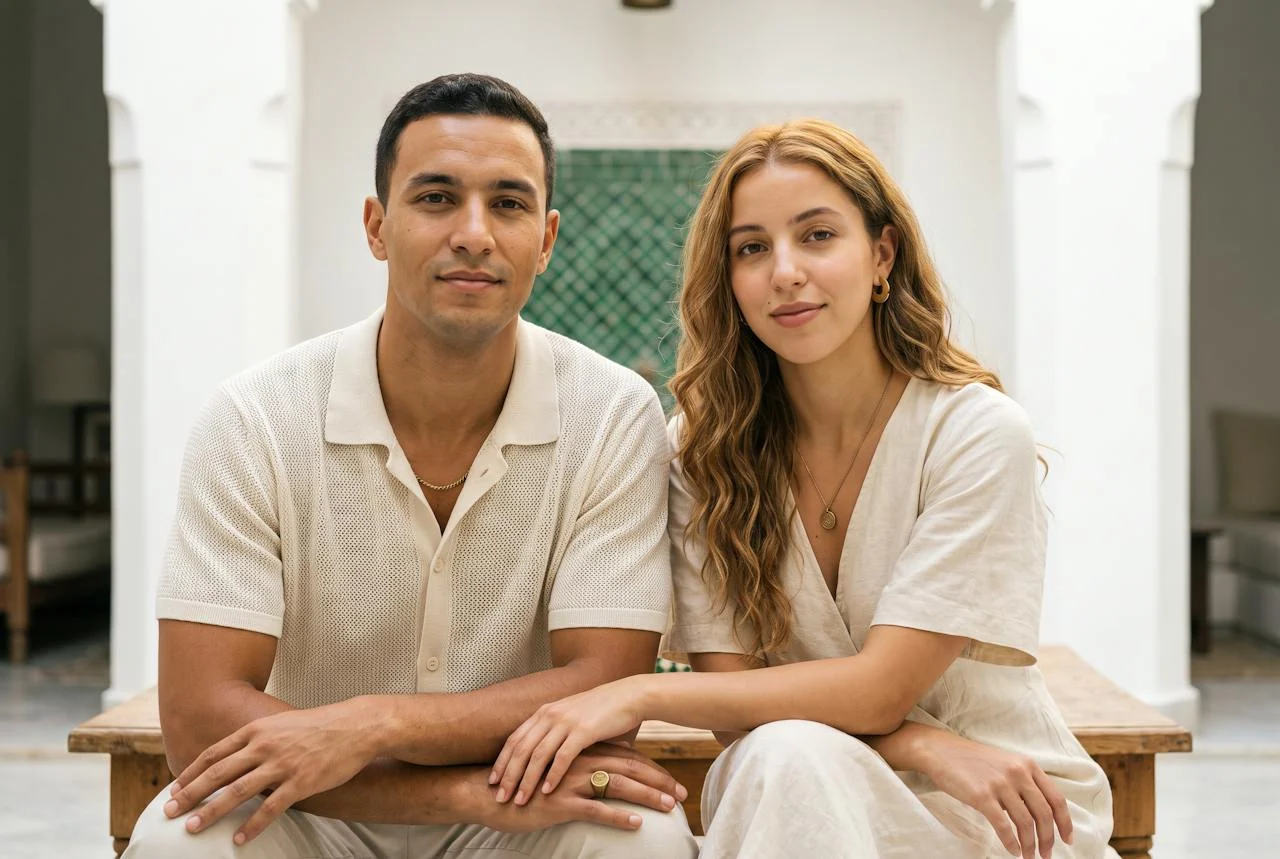 Un homme et une femme assis côte à côte sur un banc de riad