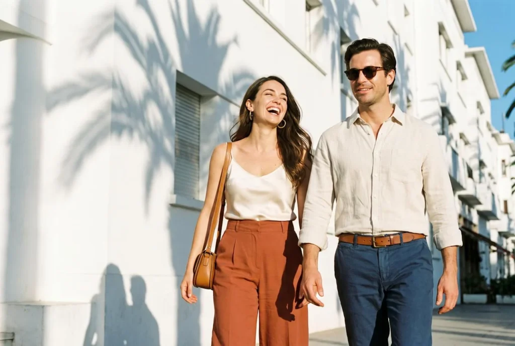 Sur le boulevard : ceinture à boucle mate, sac camel, boucles en laiton.