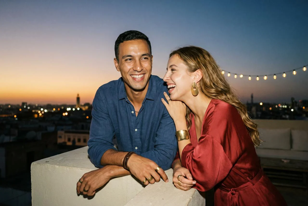 Un homme et une femme rient, accoudés au parapet d’une terrasse au crépuscule