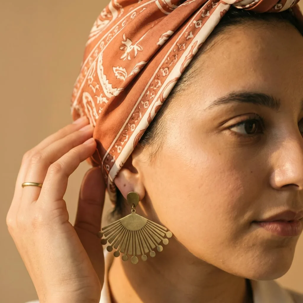 Boucle éventail en laiton sous le foulard noué.