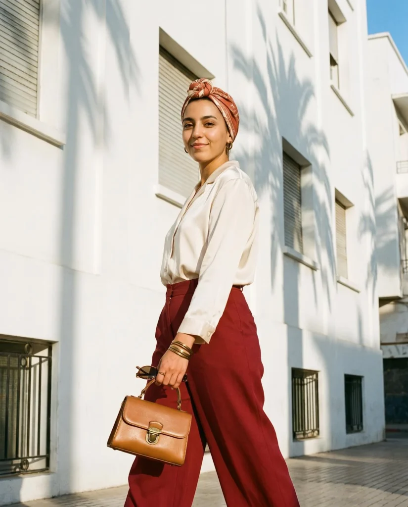 Sur le boulevard : foulard terracotta, sac à rabat camel, créoles en laiton.