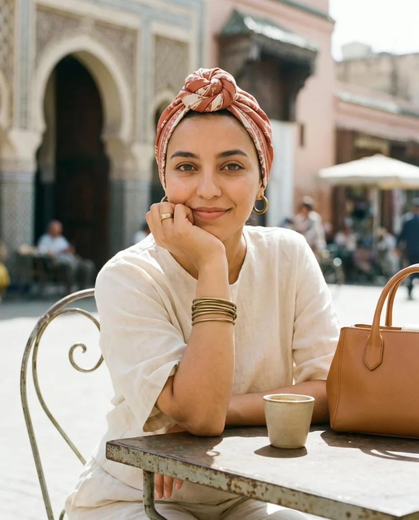 Au café : foulard noué, bracelets fins, sac en cuir camel.