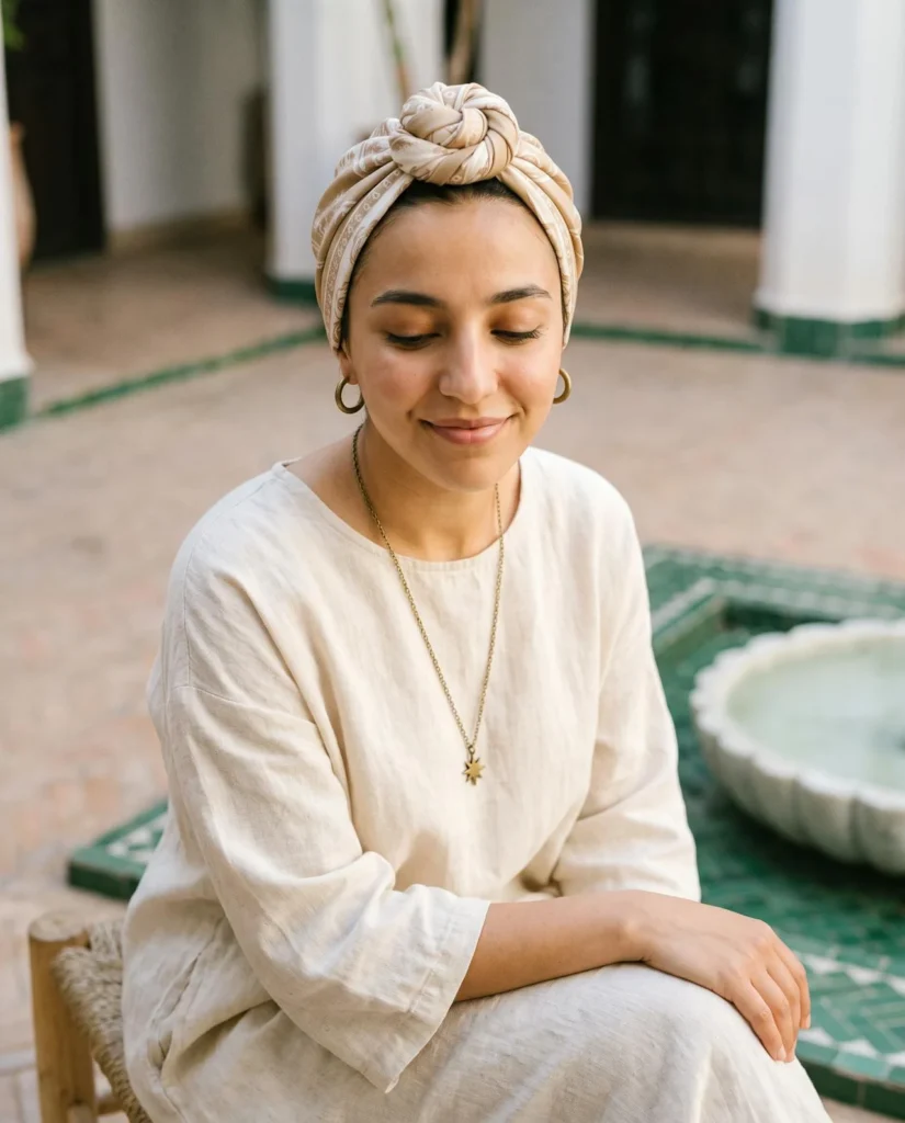Femme au foulard noué, en robe de lin, assise près d’un bassin de riad