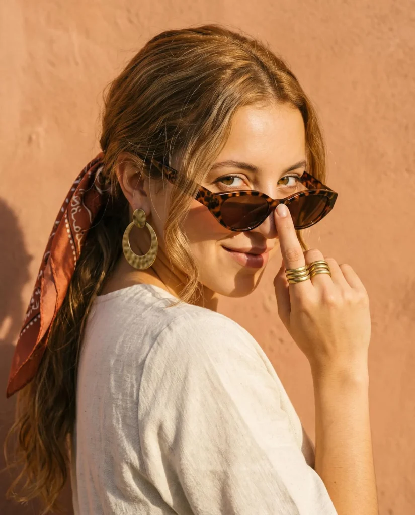 Femme qui baisse ses lunettes de soleil, foulard dans les cheveux