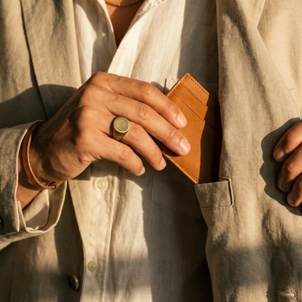 Porte-cartes en cuir camel et chevalière.