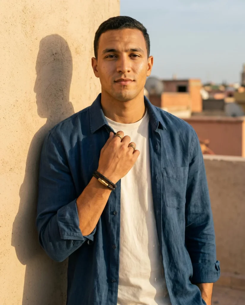 Surchemise indigo, bracelet cuir à fermoir laiton.