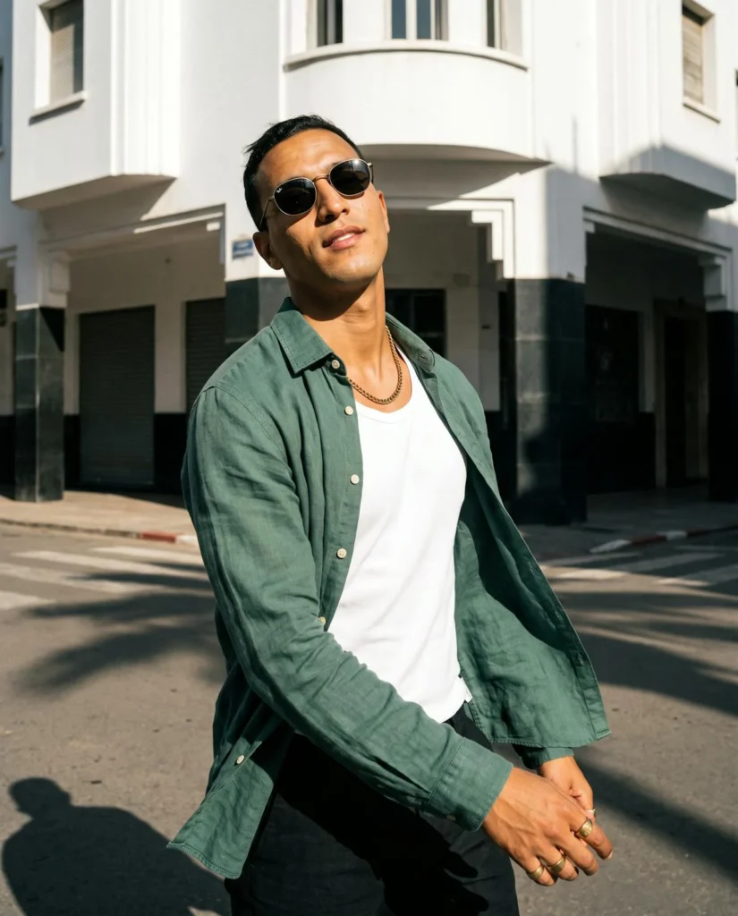 Homme en chemise vert zellige qui traverse une rue de Casablanca, lunettes de soleil