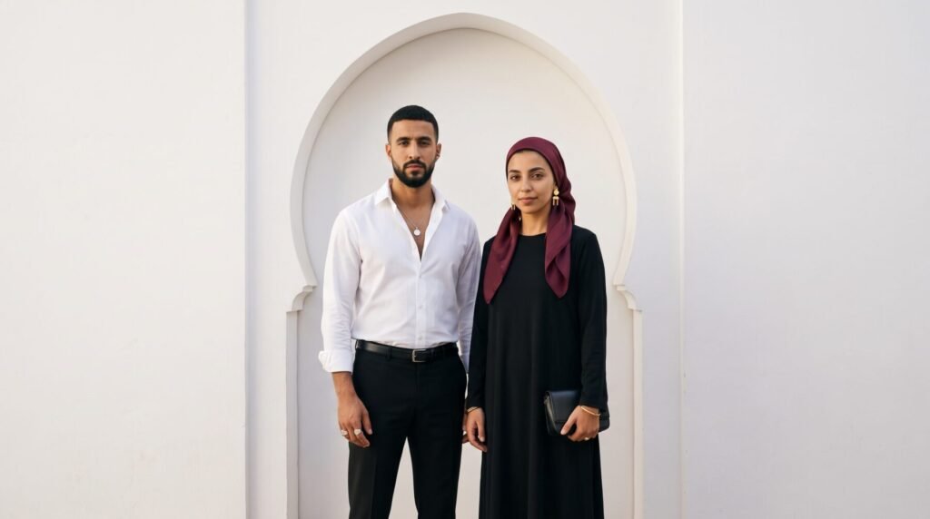 Mouad en chemise blanche avec chaîne et chevalière argent, Aya en foulard bordeaux et robe noire avec pendants dorés, sous une arche blanche des Habous