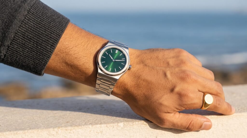 Une montre acier à cadran vert au poignet, une chevalière dorée, face à l’océan sur la Corniche de Casablanca