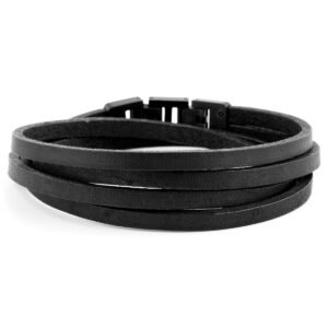 Bracelet double tour cuir noir et acier