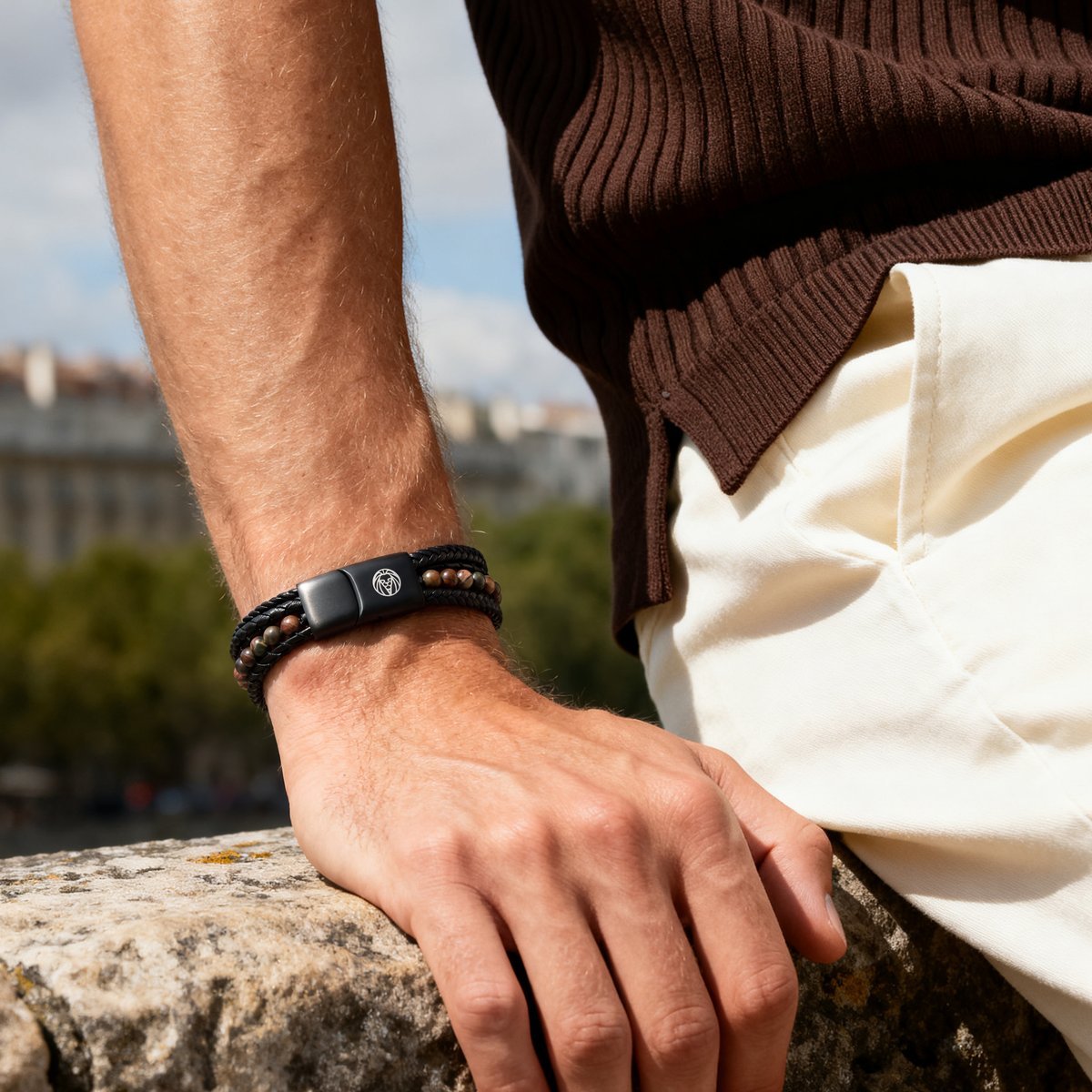 Bracelet cuir tressé et pierres naturelles