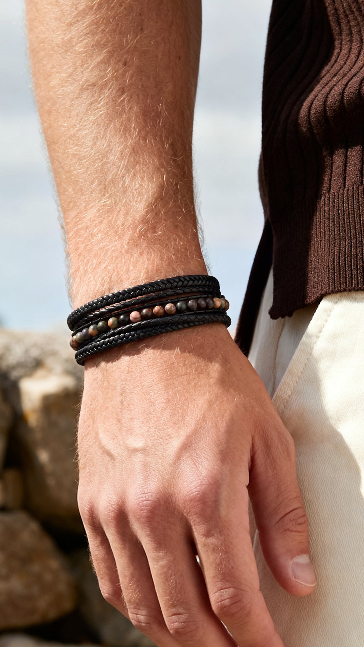 Bracelet cuir tressé et pierres naturelles