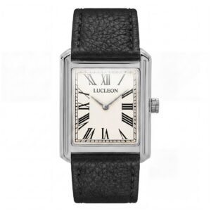 Montre rétro carrée cadran crème et cuir noir