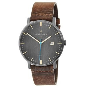 Montre acier gris cadran noir et cuir marron