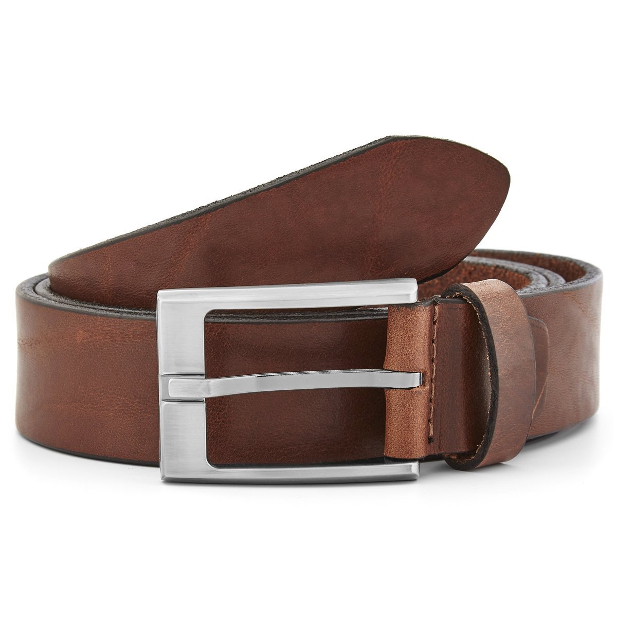 Ceinture cuir châtaigne boucle argent brossé